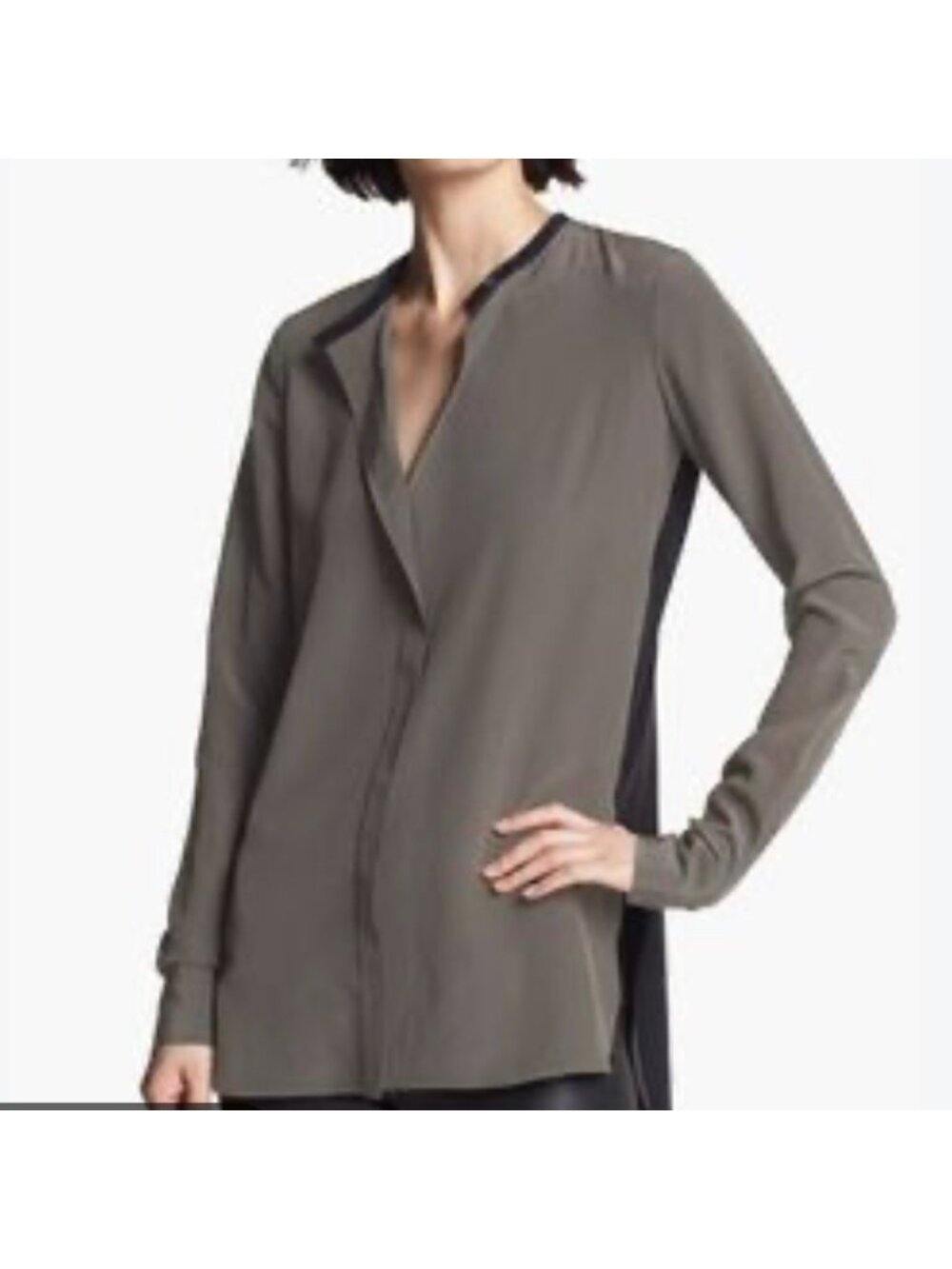 Vince Women's Colorblock Silk Blouse Gray & Black Size 2 Long Sleeve High-Low He